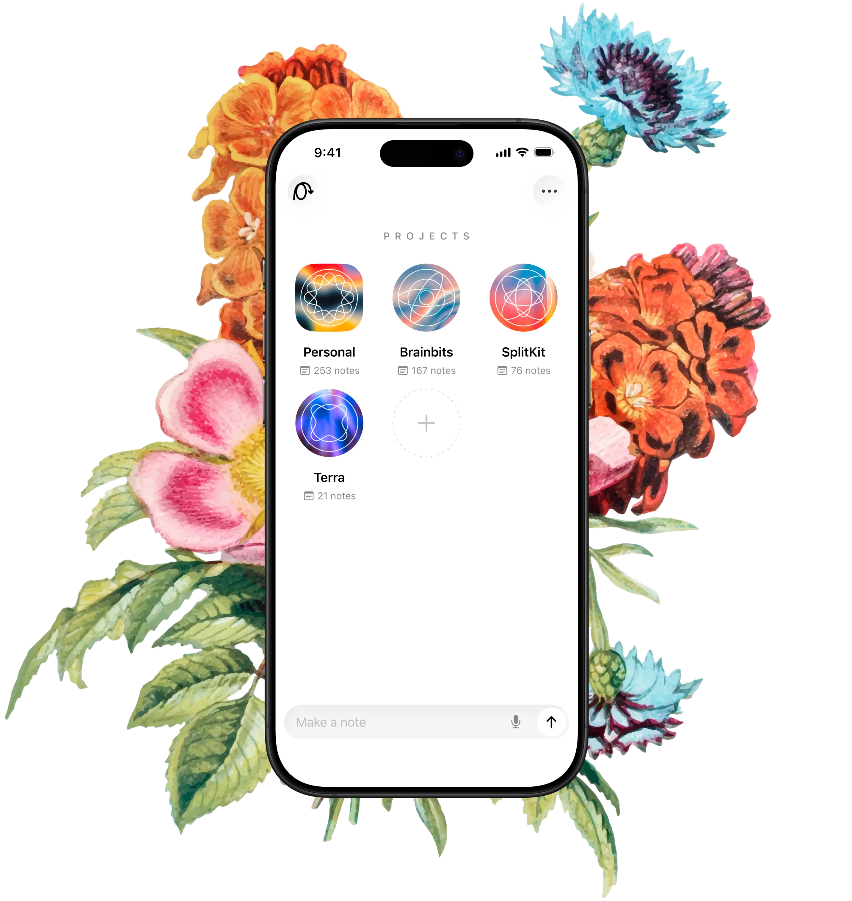Brainbits app on iPhone surrounded by floral illustrations